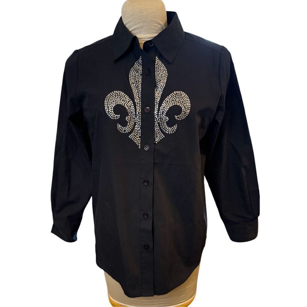 Quacker Factory Rhinestone Fleur de Lis Oversized Blouse Black Sz. S Stretch